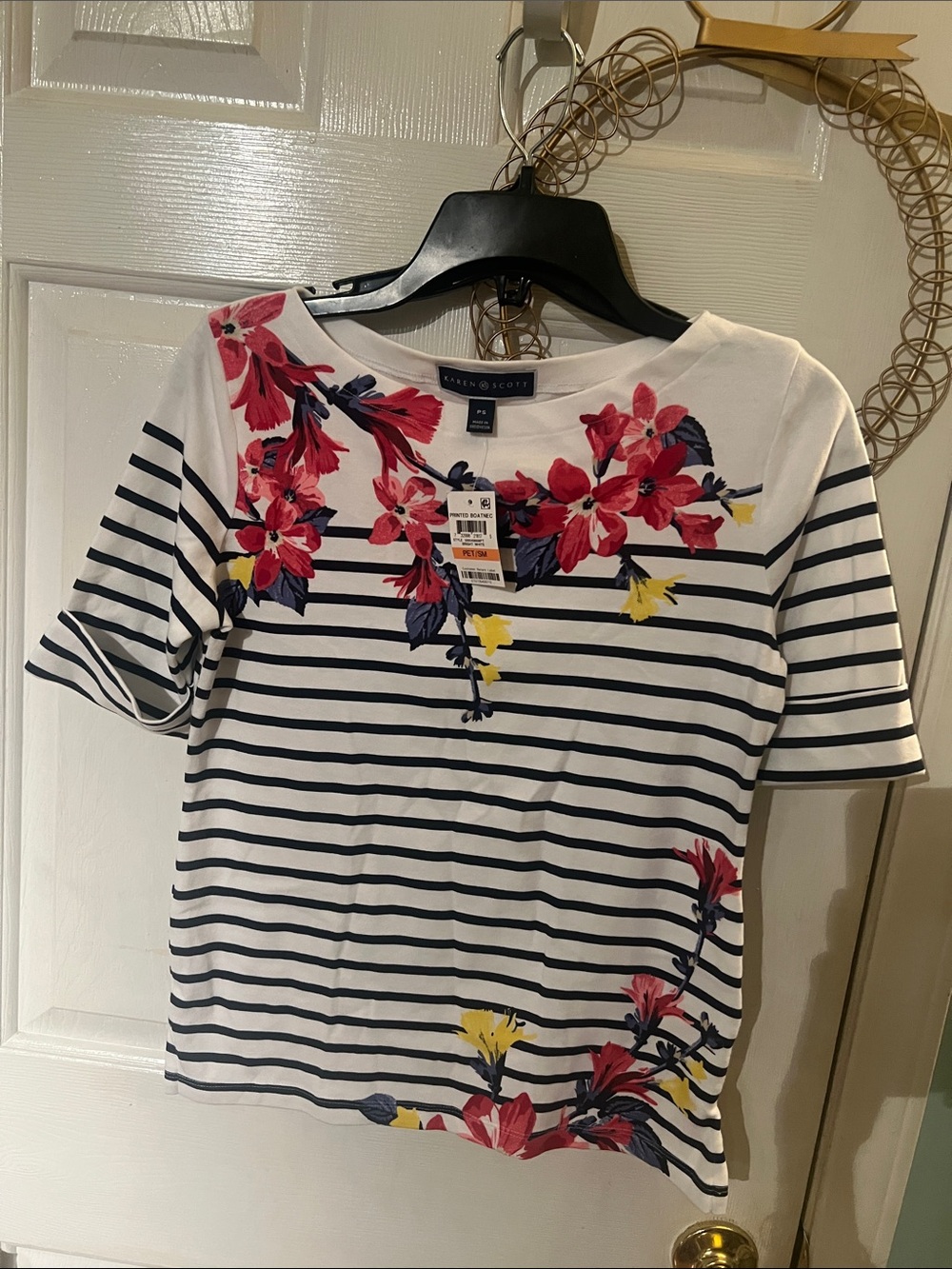 Karen Scott White Navy Stripe Short Sleeve Top with Pink Floral, PS.